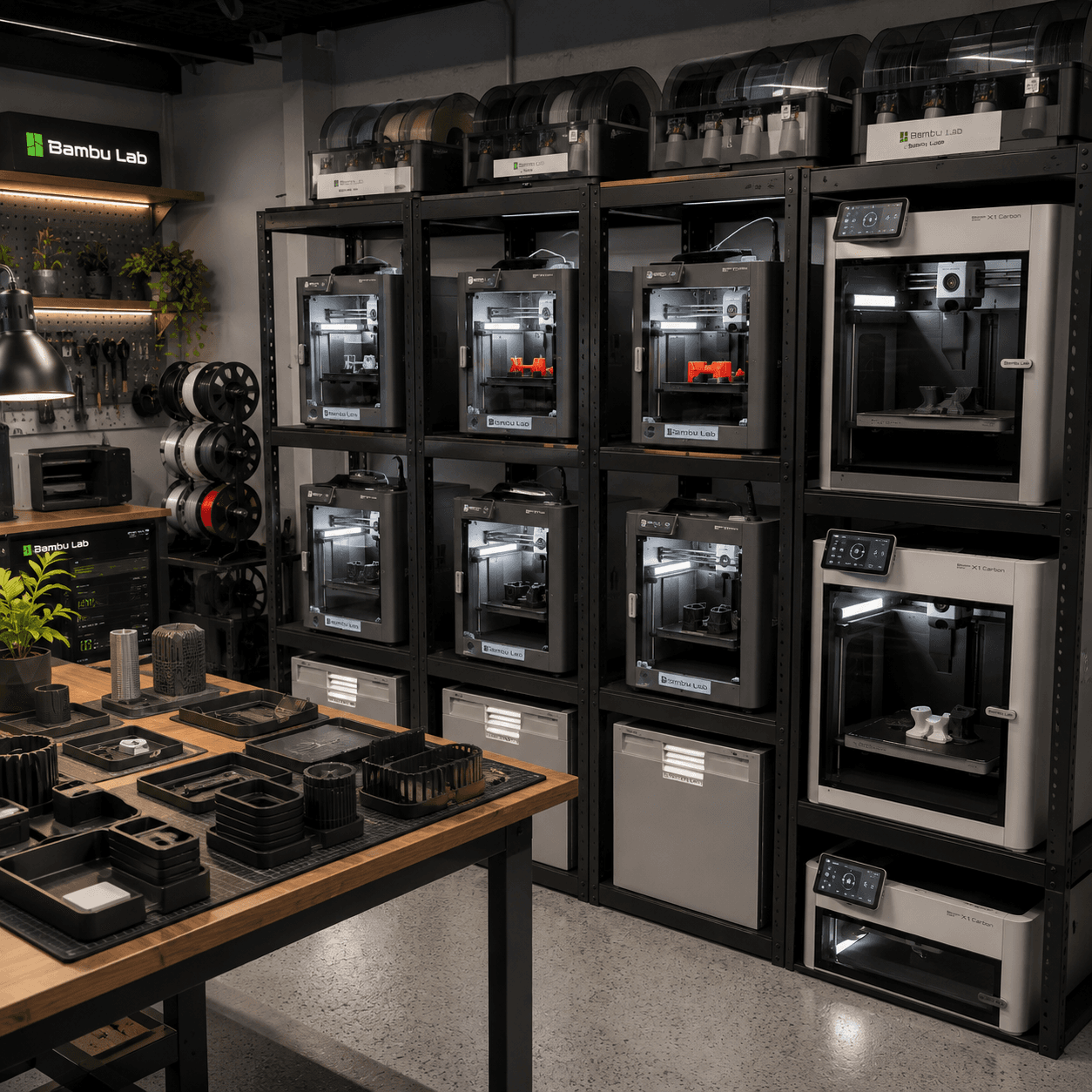 3D printing workshop with a wall of professional printers