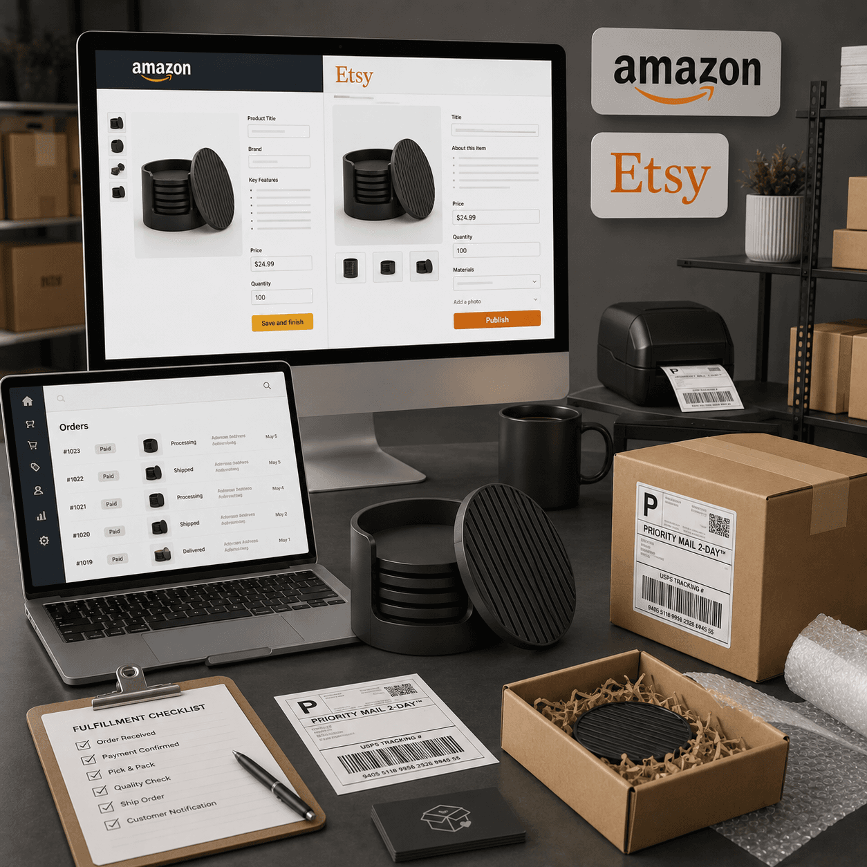 Amazon and Etsy product listing and fulfillment workspace