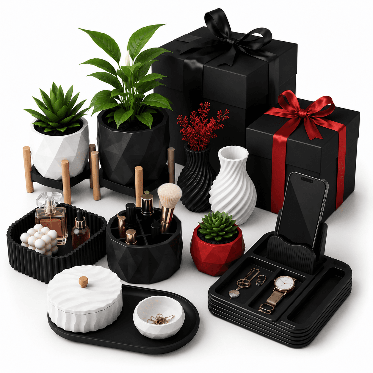 Gift boxes surrounded by 3D printed planters, vases, organizers, and accessories