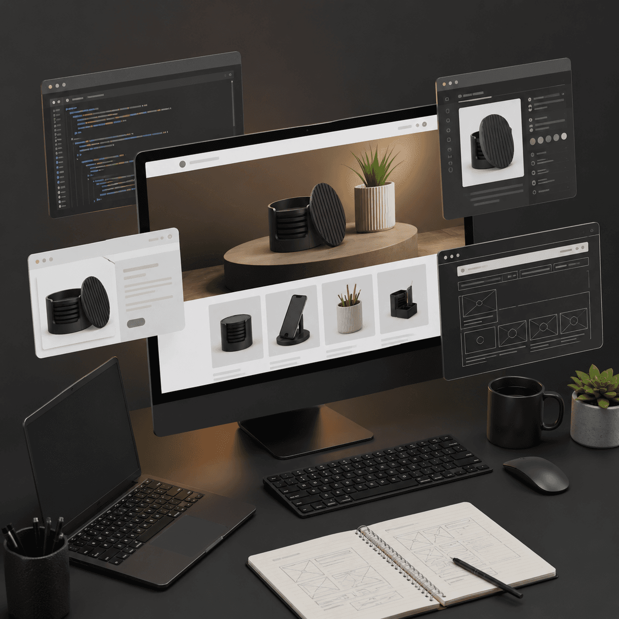 Online storefront design and development workspace displaying product pages