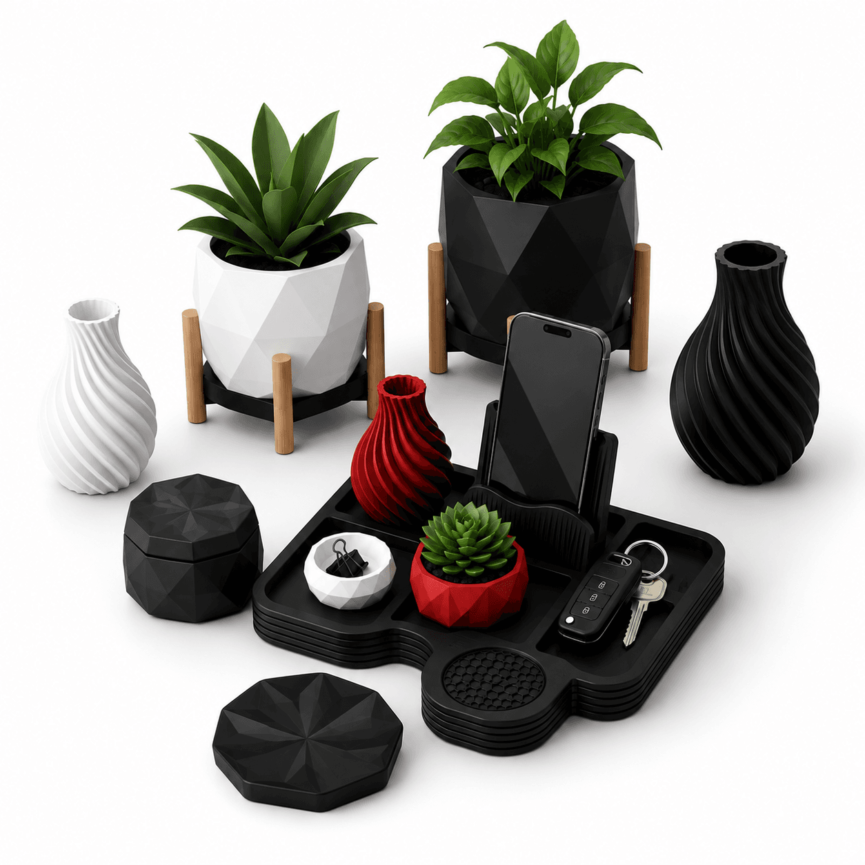 Collection of 3D printed planters, vases, organizers, trays, and phone accessories